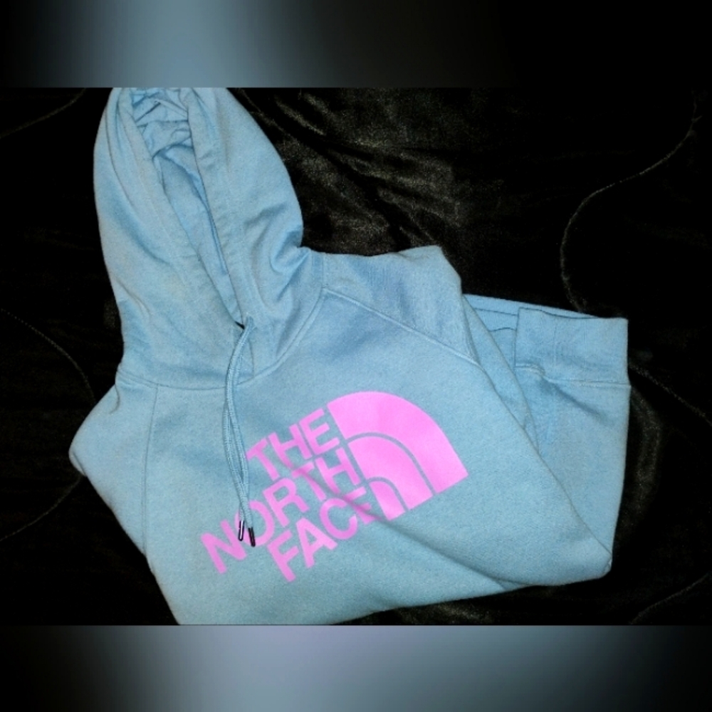 The North Face Blue Hoodie with Pink Logo